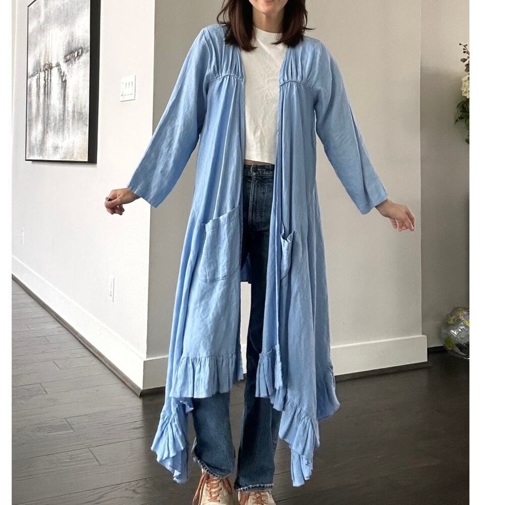 My heart's desire linen blue ruffle high low duster